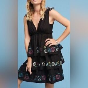 Anthropologie Red Carter Black Sleeveless Embroidered Ruffled Boho Dress Size S